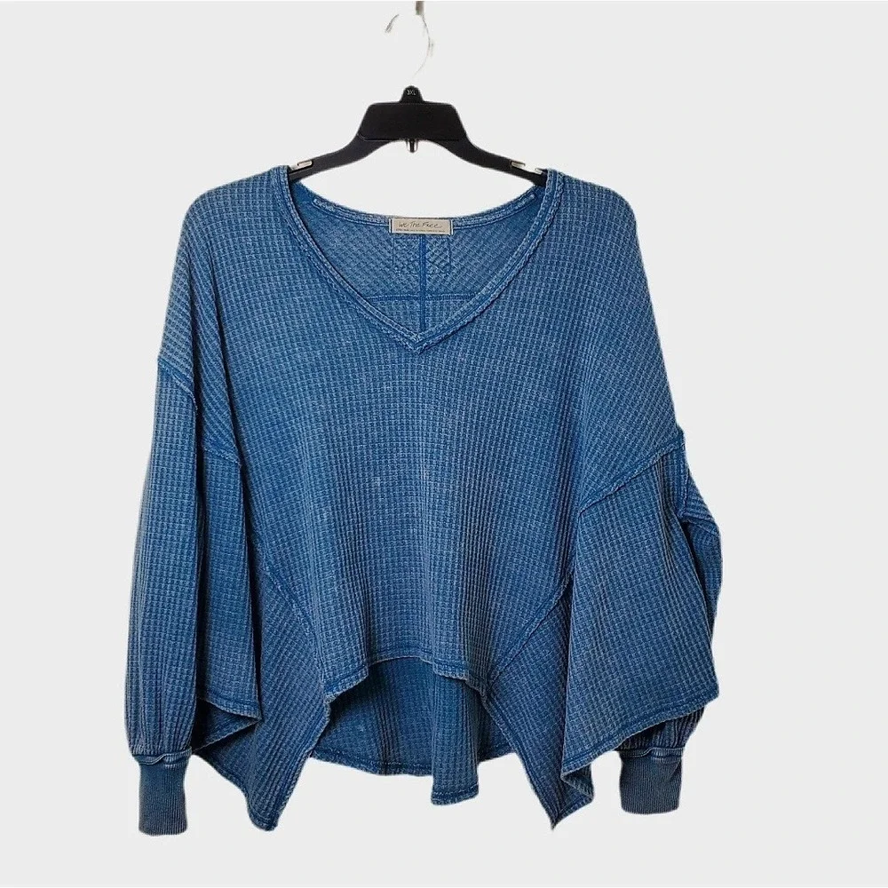 Free People We The Free Coraline Indigo Wash Blue Waffle Weave V-Neck Top XS